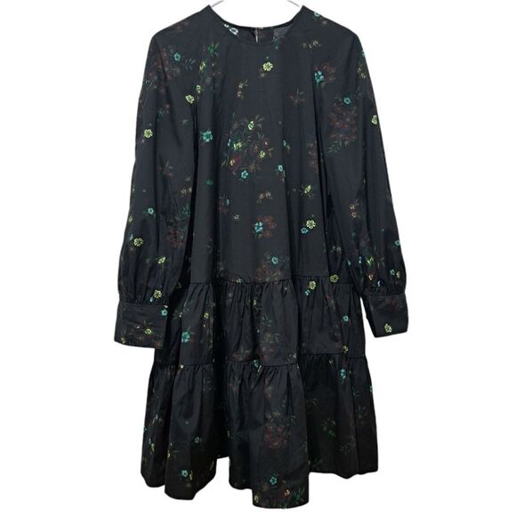 JNBY Floral Print Tiered Long Sleeve Oversized A line Dress Small Black Multi-co - Picture 1 of 16